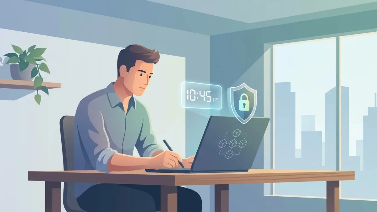 A creator working on a laptop with a digital clock and shield icon representing timestamping technology