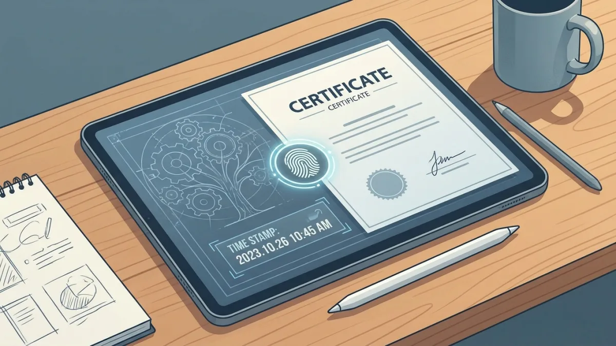 A digital certificate of prior existence with a fingerprint and timestamp overlay on a creative workspace