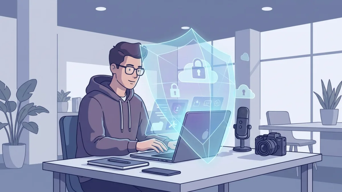 content creator working on laptop with digital protection shield