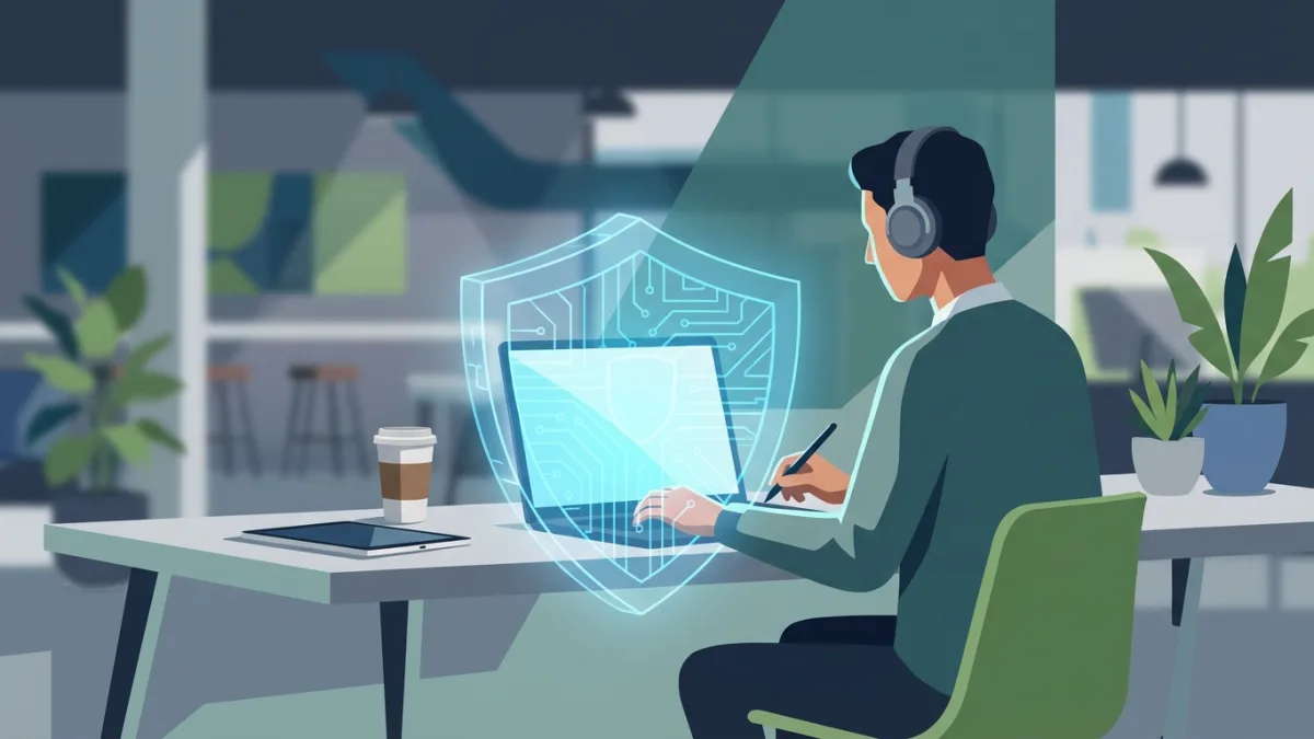 Digital creator working on a laptop protected by a digital shield