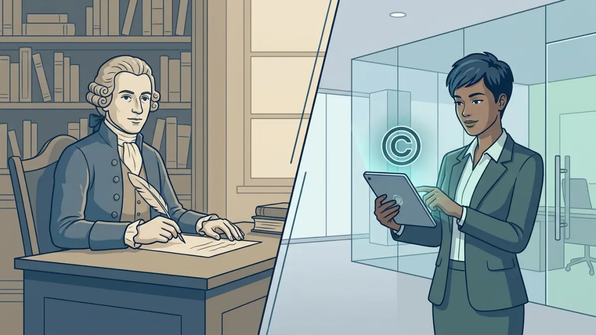 A split screen illustration showing a classic European author writing with a quill on the left, and a modern American business person looking at a digital copyright symbol on the right, modern corporate vector art style