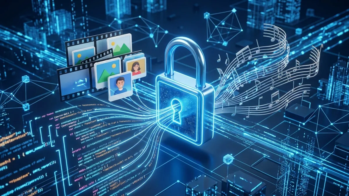 A digital padlock protecting various digital assets like source code, photos, and music notes, glowing blue cyber background, modern 3d render