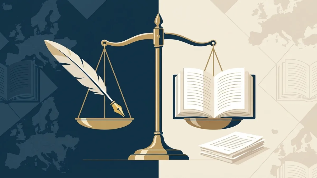 Legal scales and a quill pen representing continental author rights