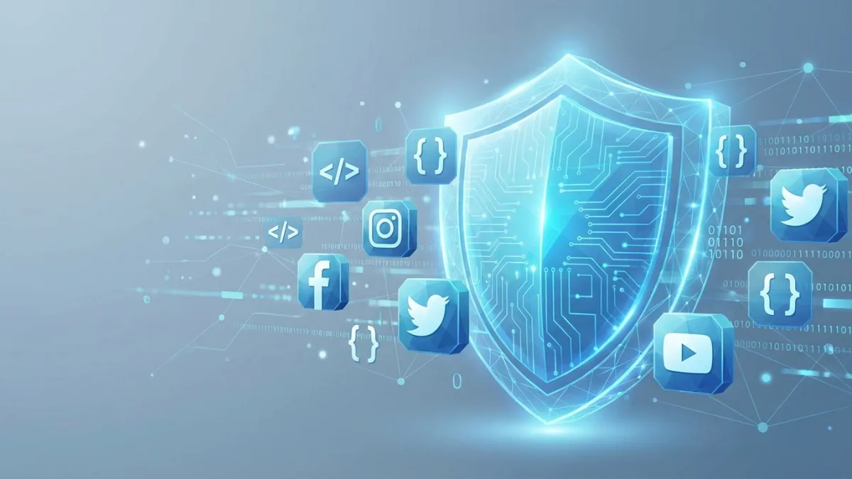 A futuristic digital shield protecting various social media and code icons