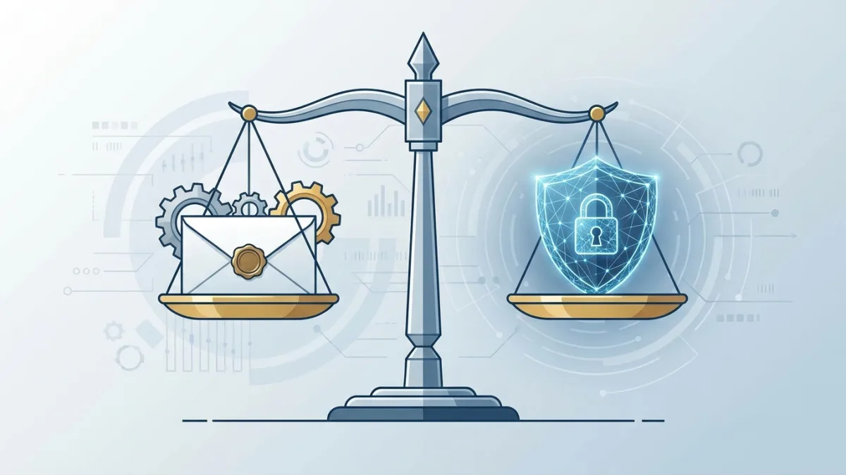A scales of justice balancing a physical envelope and a digital shield