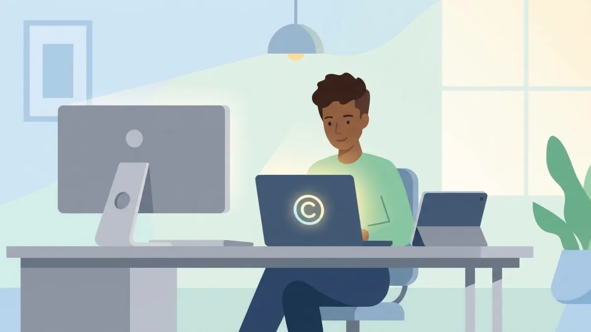 A modern digital creator working on a laptop with a copyright symbol glowing