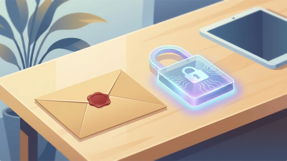 A traditional paper envelope next to a modern glowing digital lock on a wooden desk