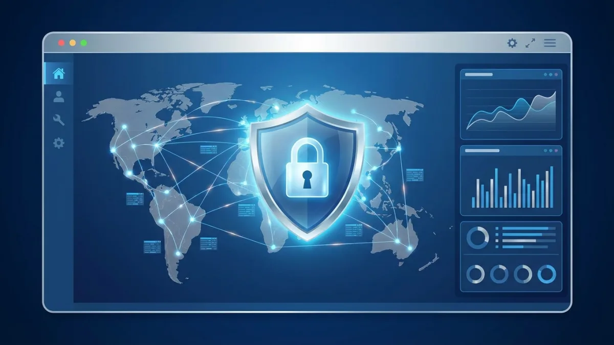 Digital interface showing copyright protection with a shield and global map