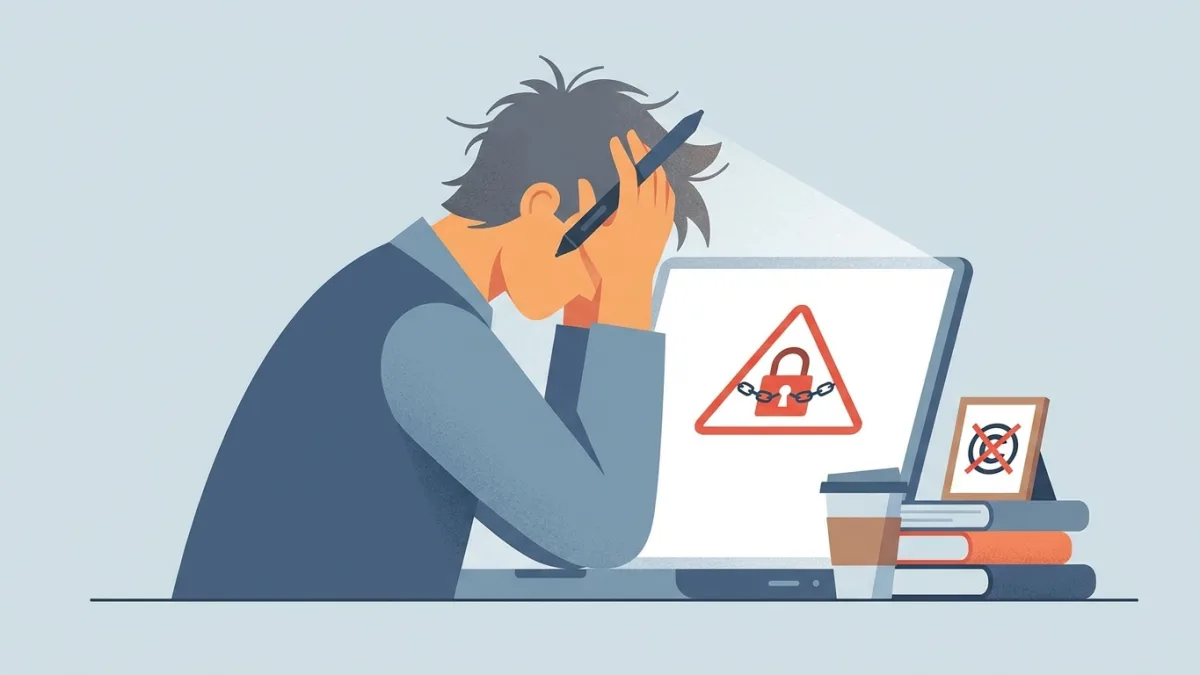 A creator looking stressed at a laptop with a warning sign about copyright theft
