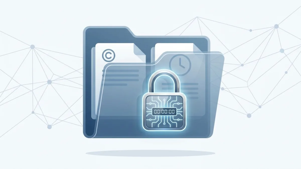 A digital folder with a lock icon representing secure digital timestamping and copyright files