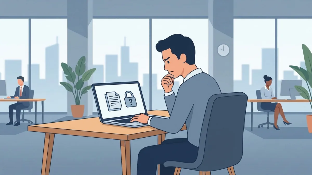 A creator working on a laptop, looking worried about intellectual property theft, modern office setting