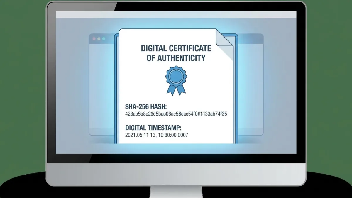 A digital PDF certificate displaying a SHA-256 hash and digital timestamp on a computer screen