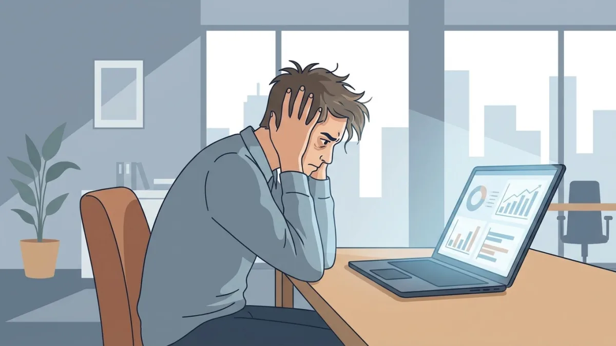 A creator looking stressed at a laptop screen showing social media analytics, modern office setting