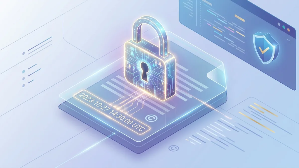A digital lock hovering over a document with a glowing timestamp, representing digital copyright protection