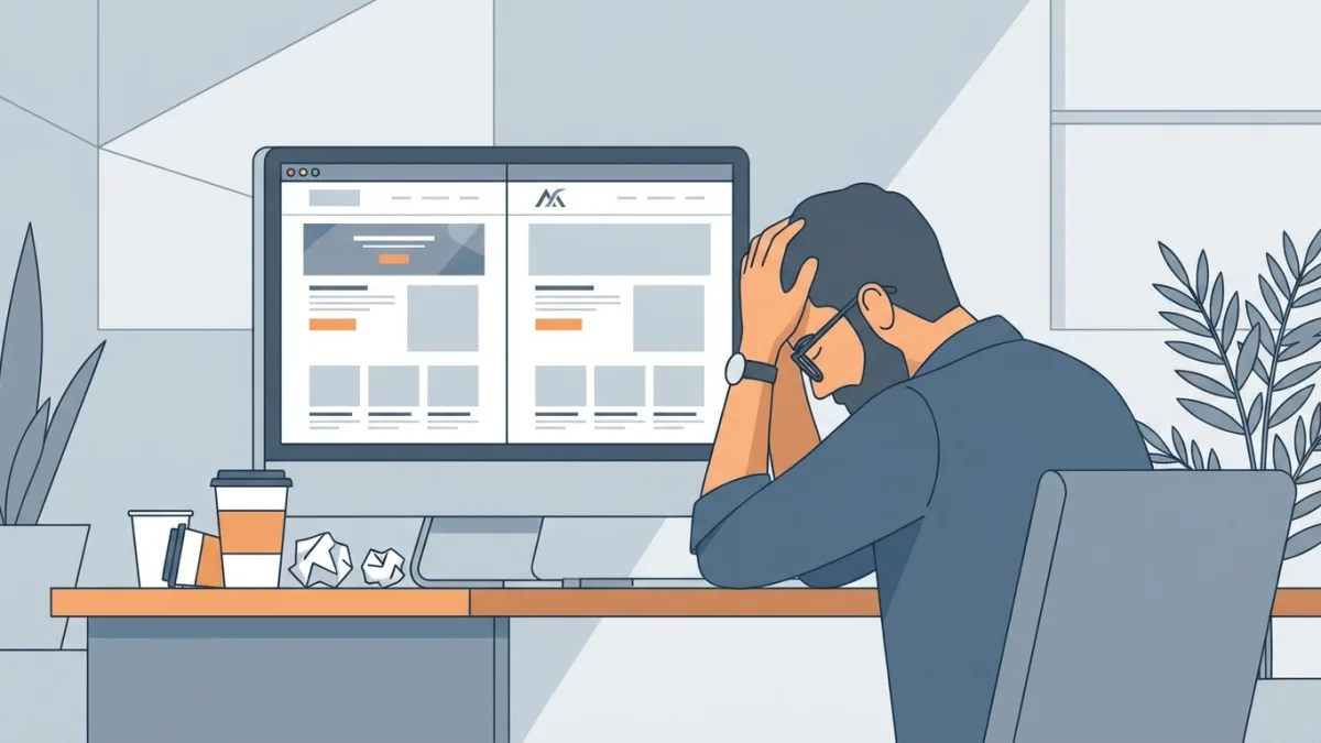 A stressed creator looking at their computer screen, realizing their design has been copied without permission