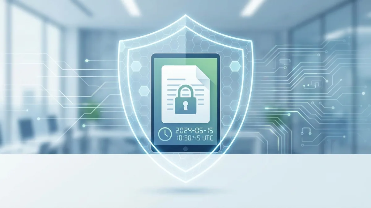 A glowing digital shield protecting a document with a timestamp, representing modern copyright security