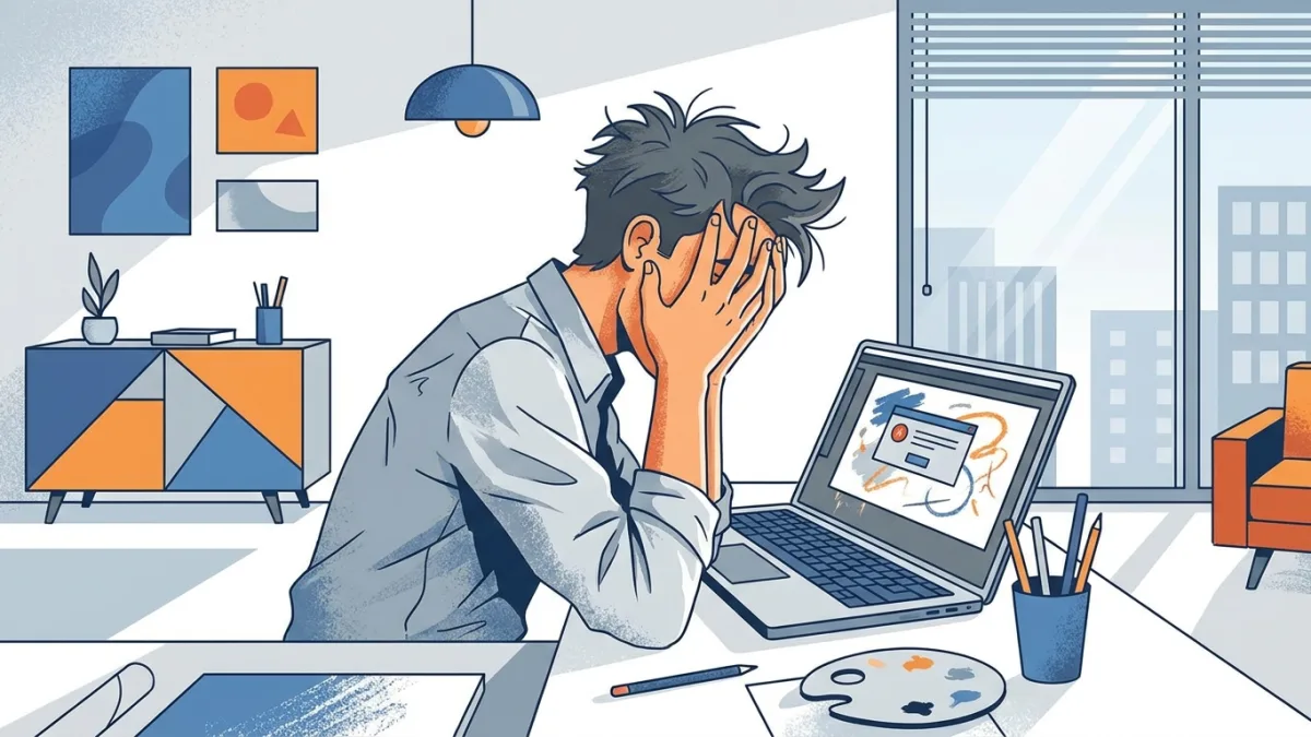 frustrated artist looking at laptop