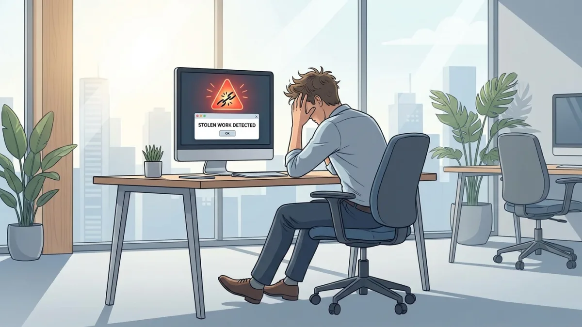 A creator looking stressed at a computer with a stolen work warning on screen, modern office setting, professional lighting