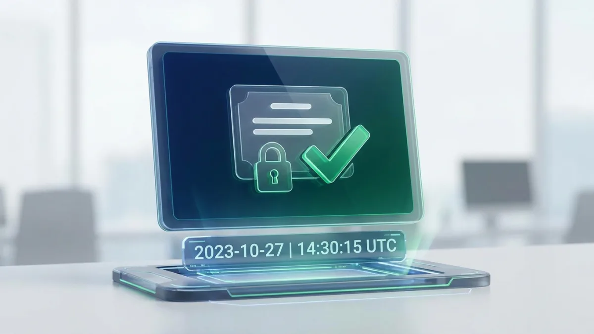 A secure digital document with a timestamp and a green checkmark, representing online copyright registration, modern 3D illustration style