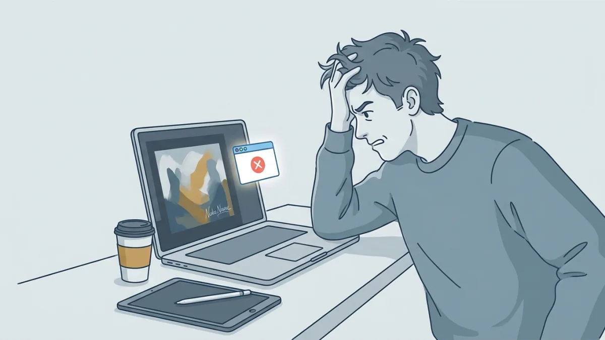 frustrated creator looking at stolen artwork on a laptop screen