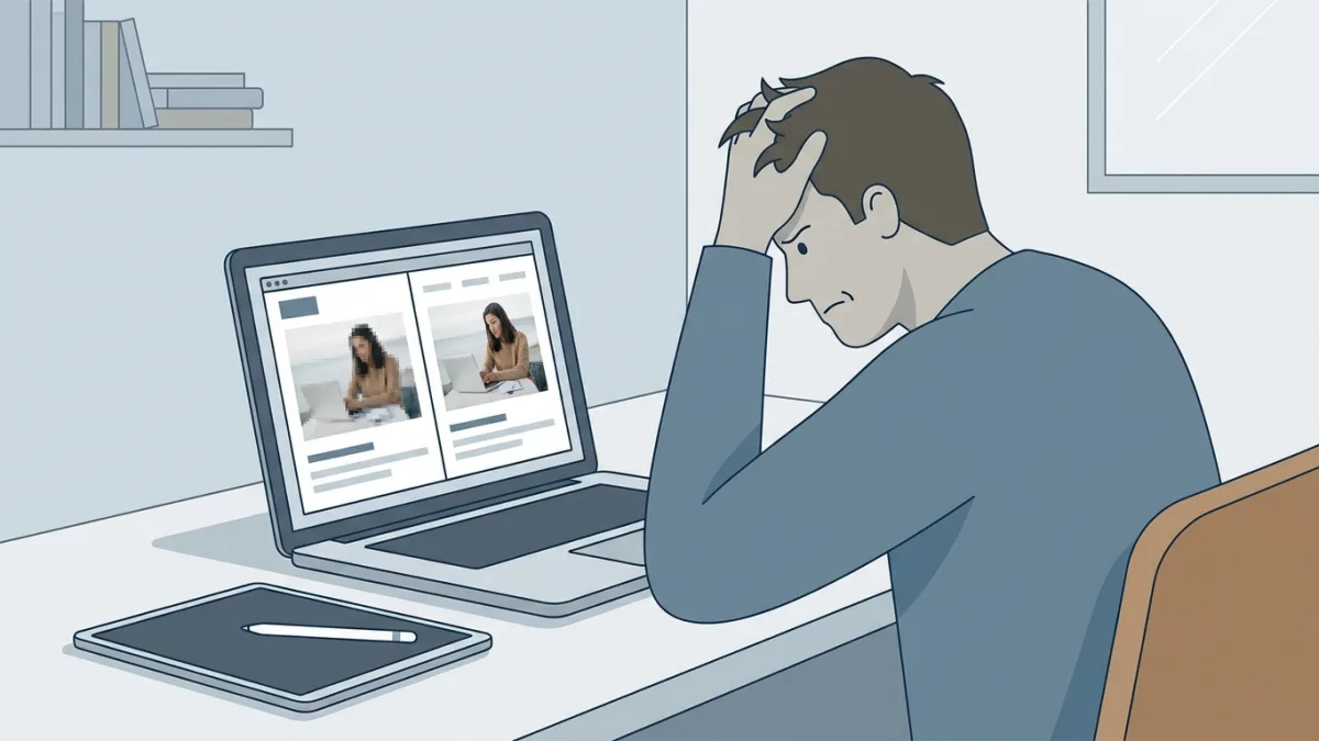 frustrated creator looking at a laptop screen with stolen content