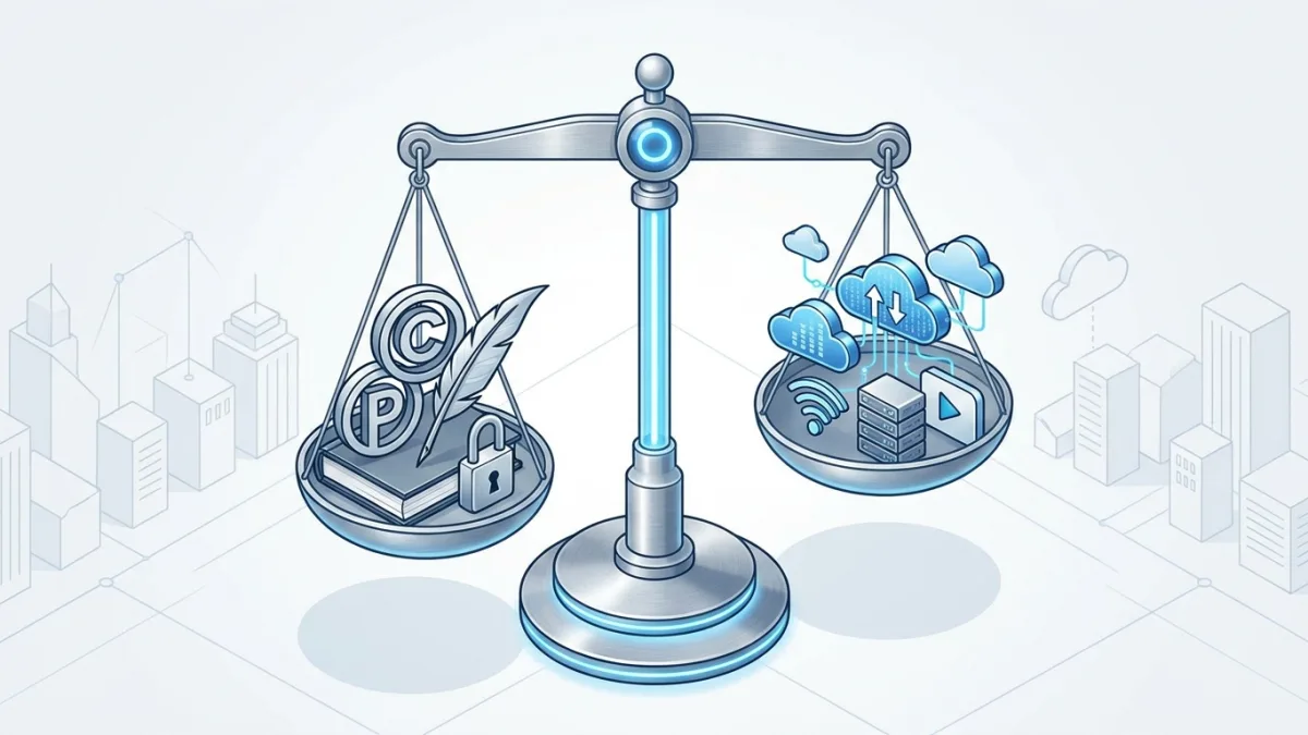 A digital scale of justice balancing traditional copyright symbols with modern cloud computing icons to represent the EU Copyright Directive 2019/790