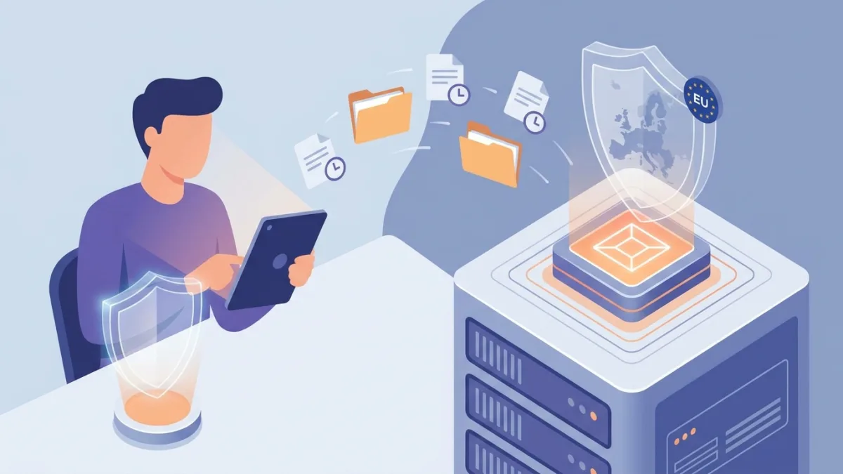 A content creator uploading files to a secure digital timestamping platform protected by a glowing shield, symbolizing intellectual property protection in Europe