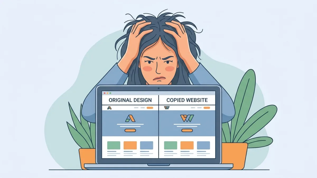 A frustrated creator looking at a laptop screen showing a copied website design