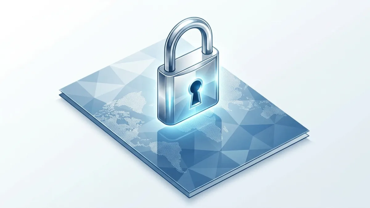 A digital padlock hovering over a document with a global map background