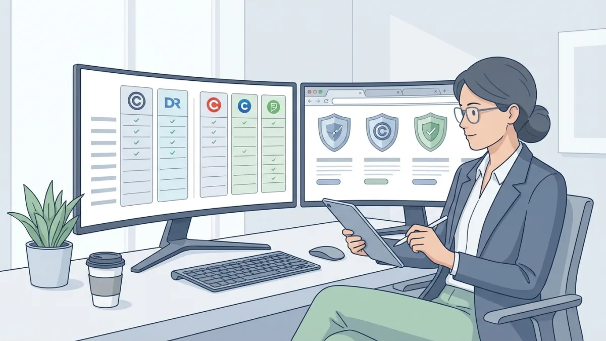 A professional comparing digital copyright registration platforms on a modern dual-monitor setup
