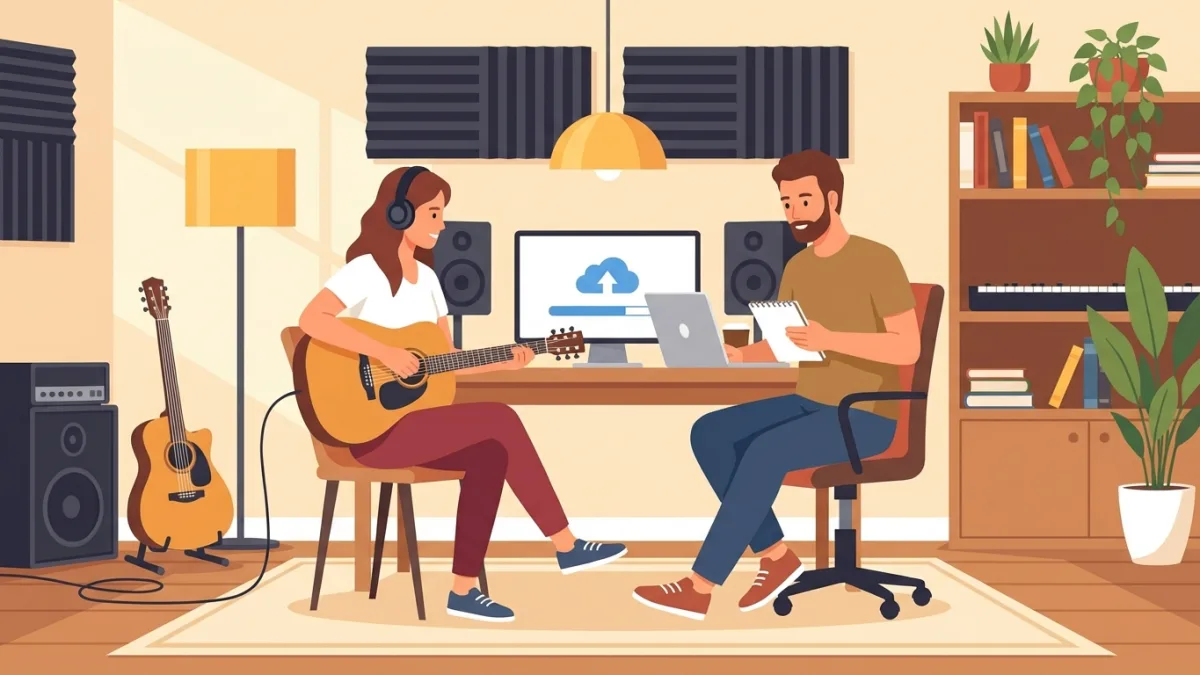 A musician and a writer collaborating in a studio, securing their digital files on a laptop before publishing