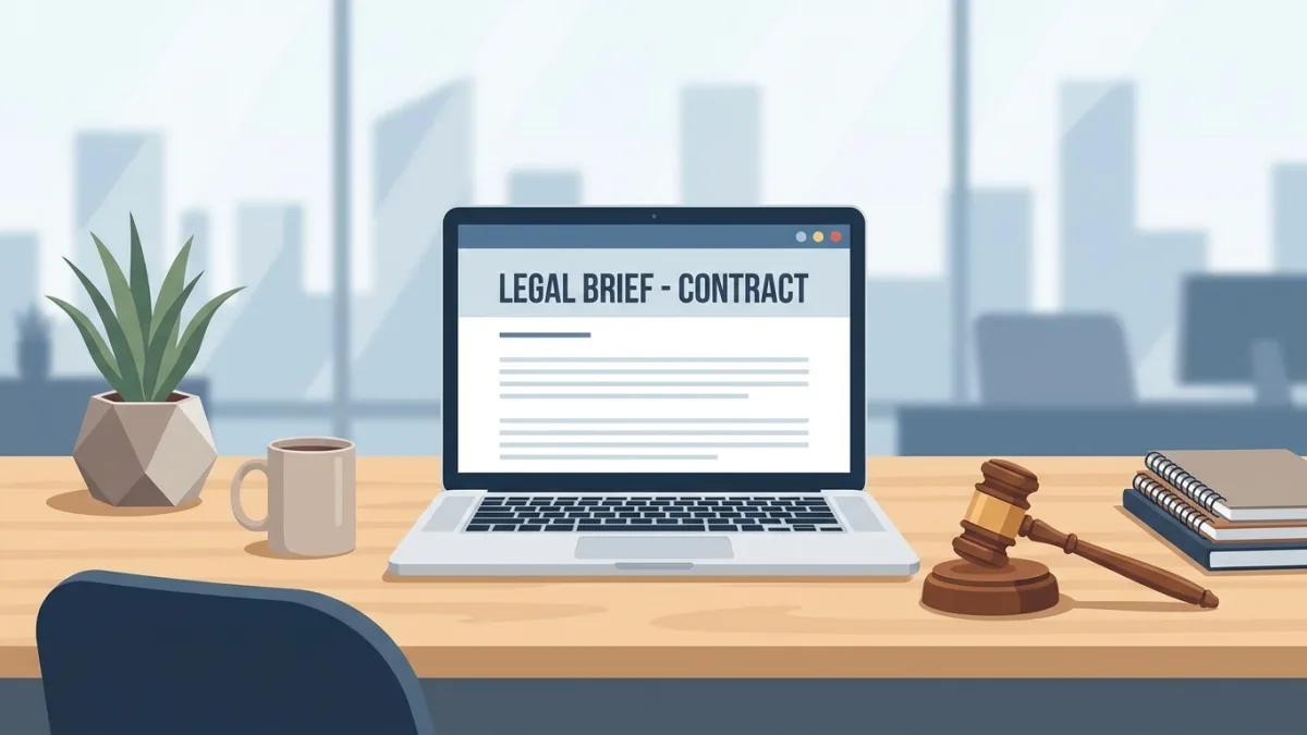 A professional workspace with a laptop displaying legal documents and a gavel on the desk
