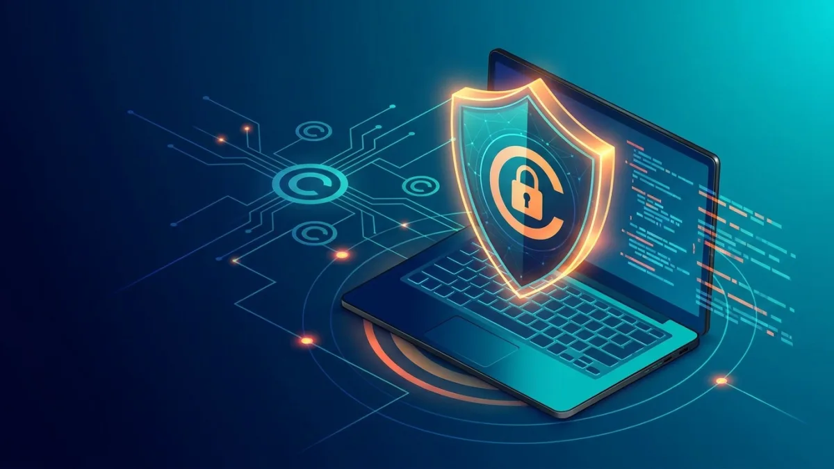 Digital security concept with a glowing shield, a laptop and abstract network connections representing online copyright protection