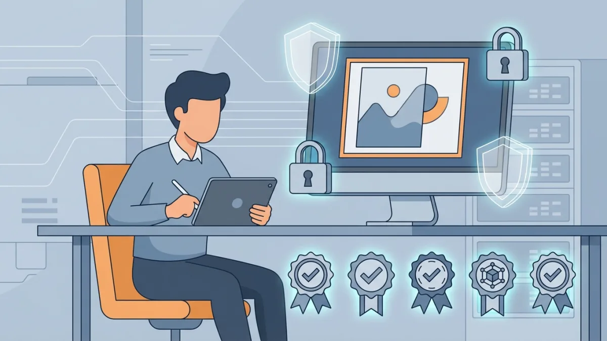Digital artist protecting artwork online with a secure digital shield and certification icons