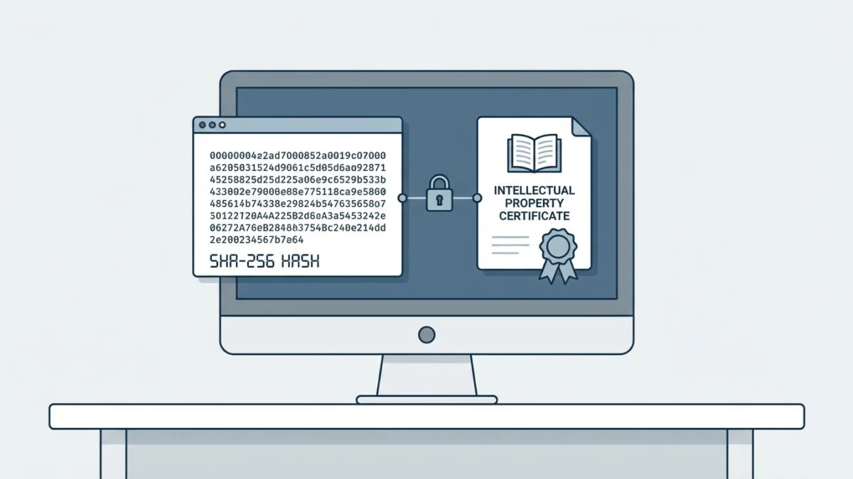 Computer screen showing a SHA-256 hash and a legal document certificate for intellectual property
