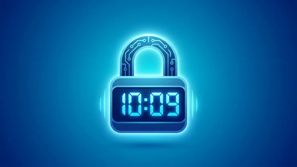 Digital clock merging with a secure digital padlock on a glowing blue background