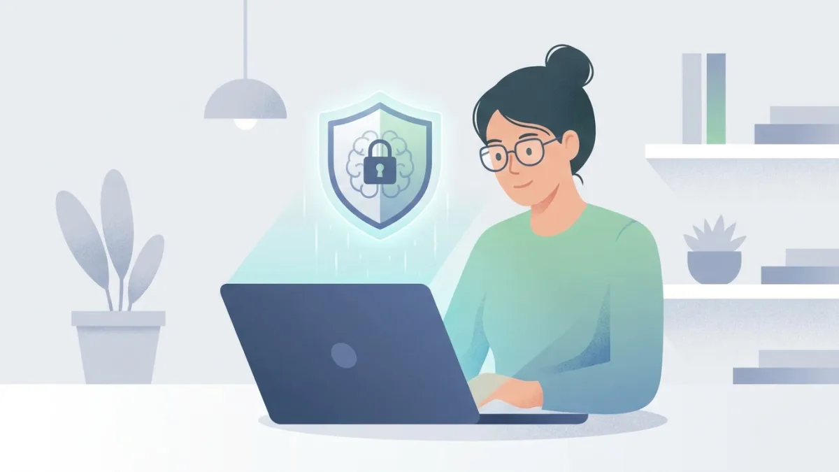 Freelance designer working on a laptop with a shield icon representing intellectual property protection