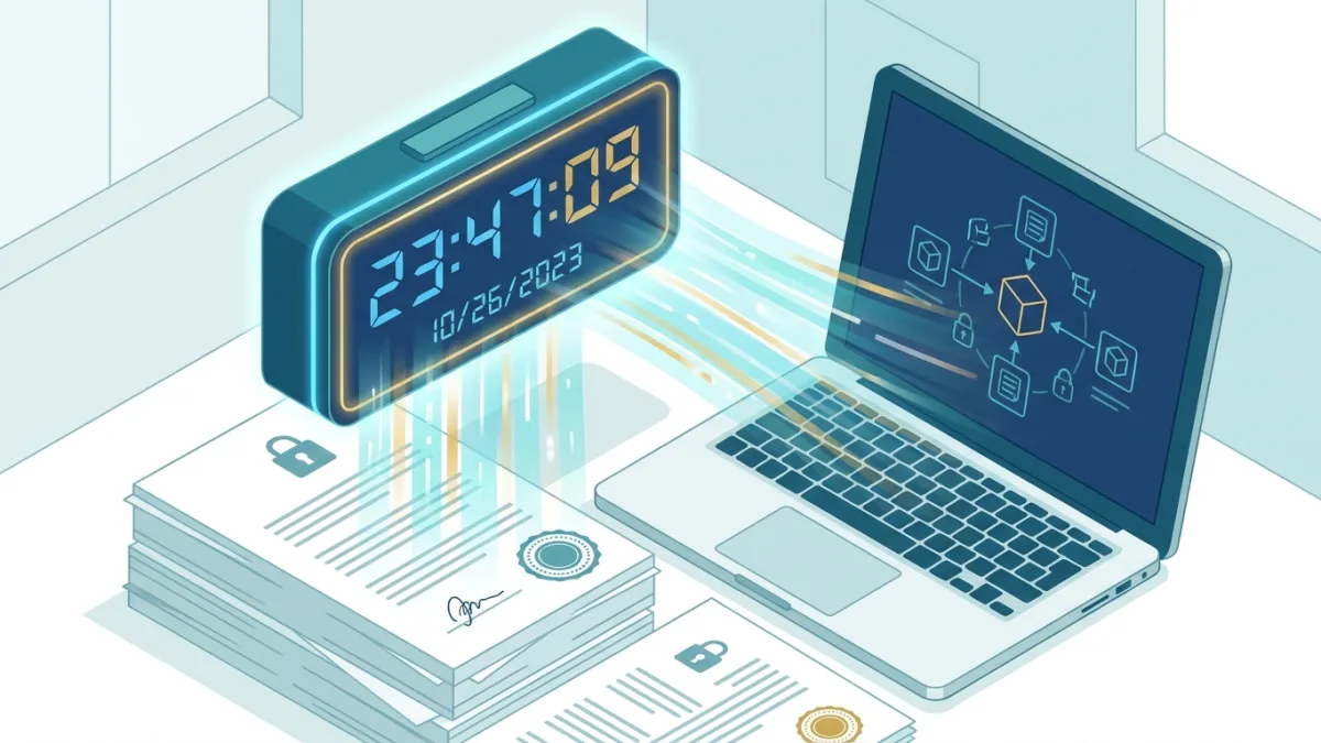 A digital clock glowing over legal documents and a laptop, representing digital timestamping for intellectual property