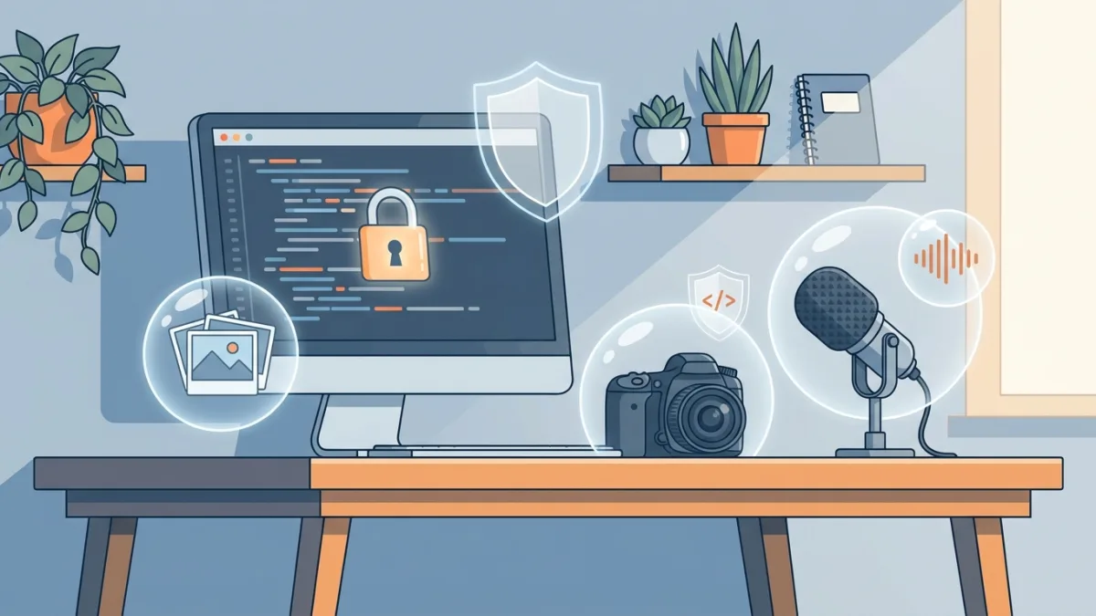 A creative workspace with a computer screen showing code, a camera, and a microphone, illustrating various creations being protected