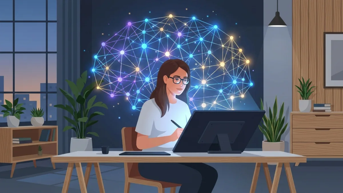 Digital artist working on a tablet with AI neural network glowing nodes in the background