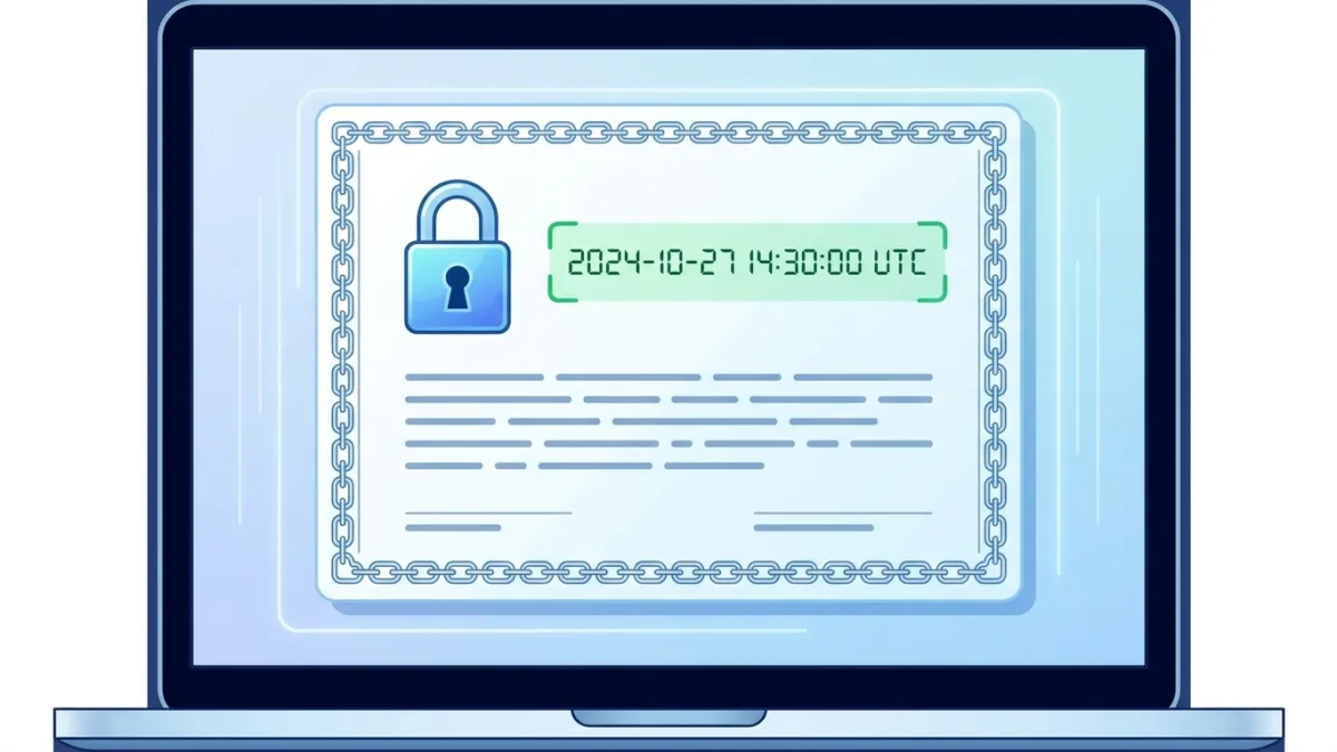 Close up of a computer screen showing a digital copyright certificate with a secure padlock icon and digital timestamp