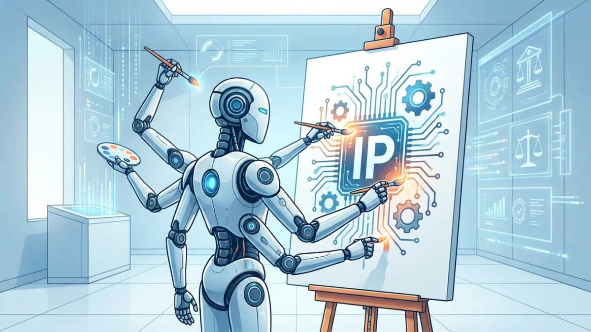 Futuristic robot painting on a canvas, digital art style, intellectual property concept