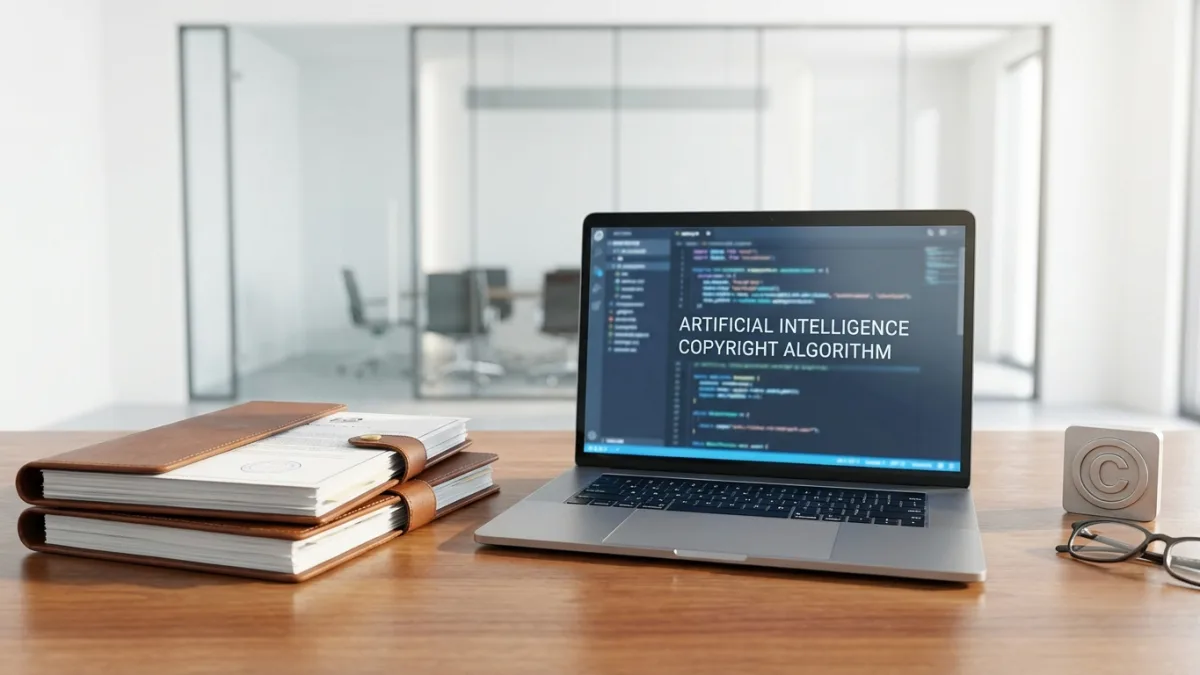 Legal documents and a laptop showing AI code, professional photography, copyright protection