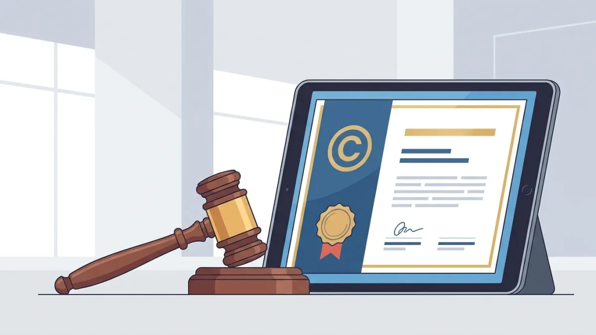 Gavel and digital tablet showing copyright certificate