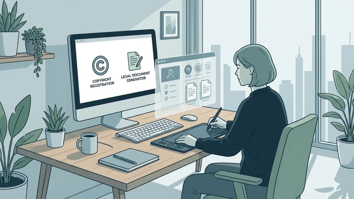 A digital artist using a computer to generate legal documents and register copyright online