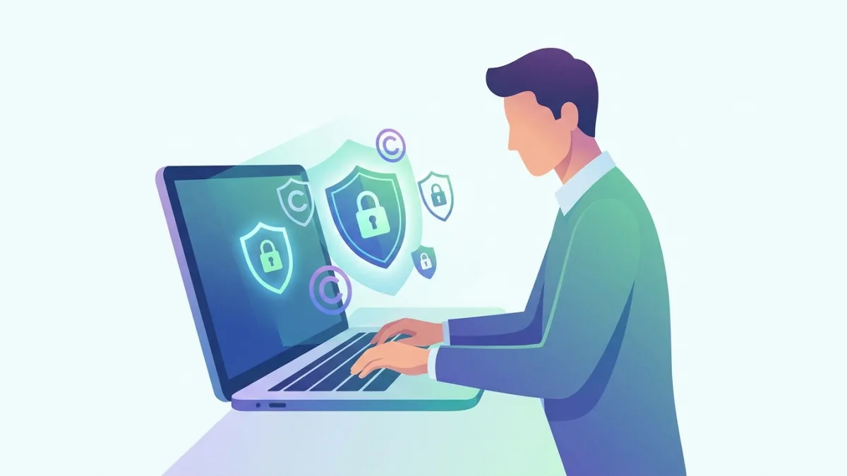 Person typing on a laptop with digital shield icons representing copyright protection