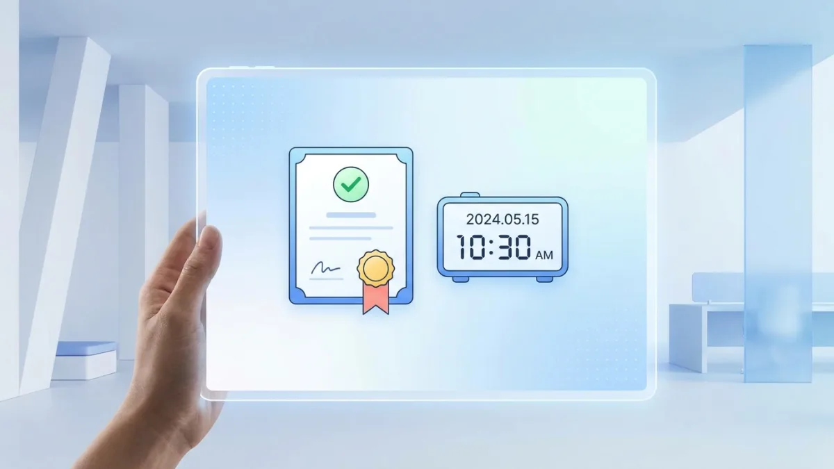 Digital certificate on a computer screen showing a timestamp and a verified checkmark