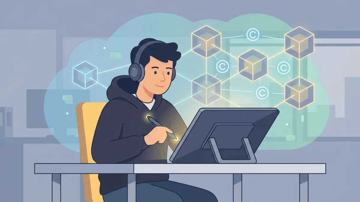 A digital artist working on a tablet with blockchain nodes and copyright symbols floating in the background