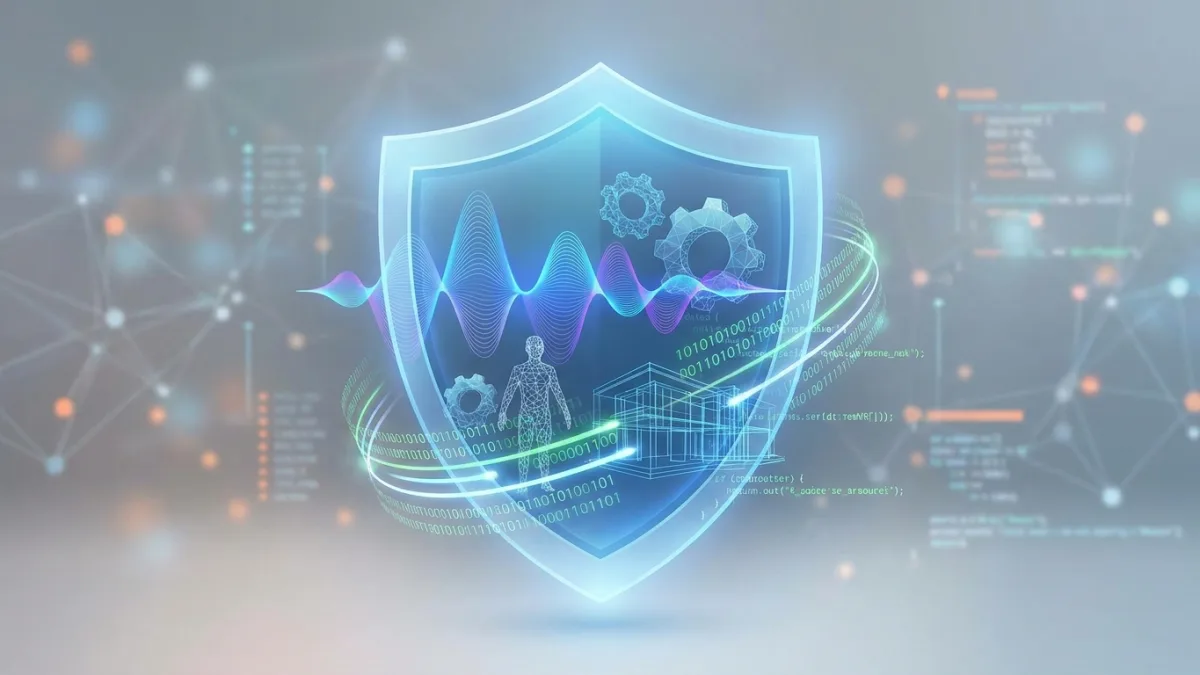 A diverse collection of digital assets including audio waves, 3D models, and lines of code protected by a glowing shield