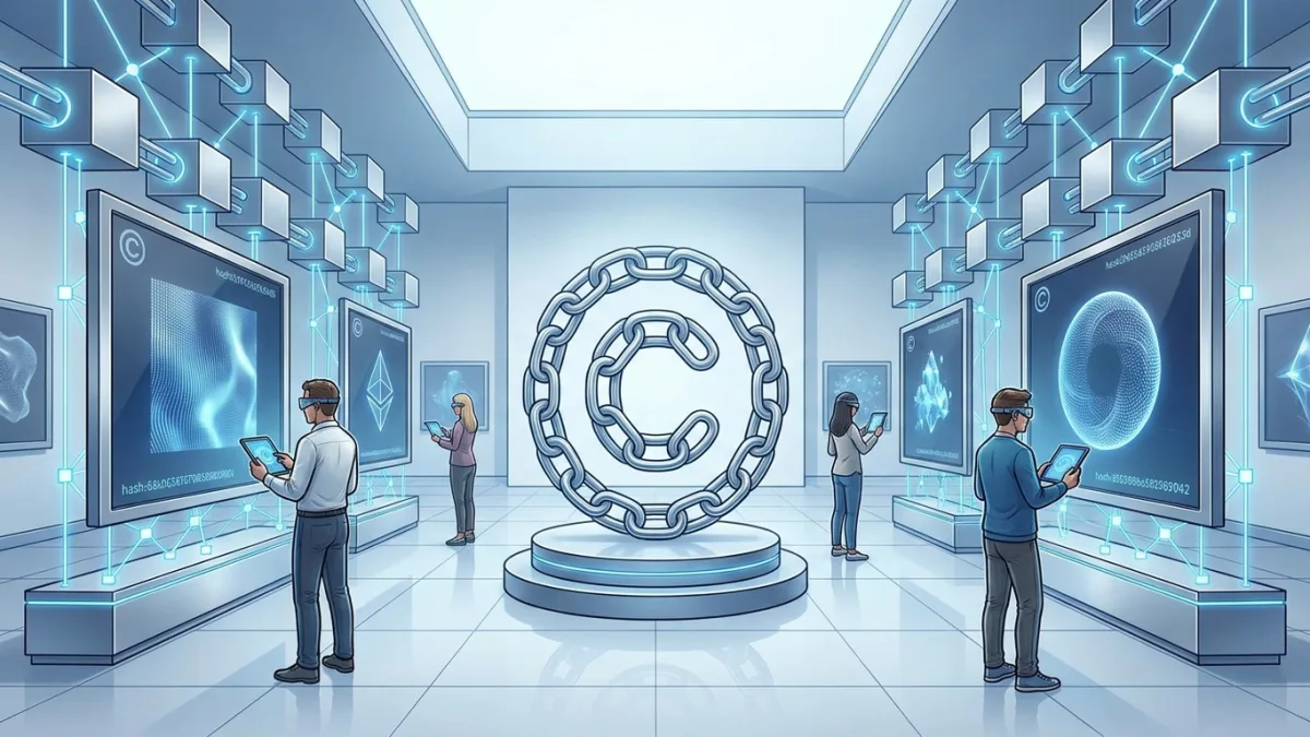 digital art gallery with blockchain elements and copyright symbols